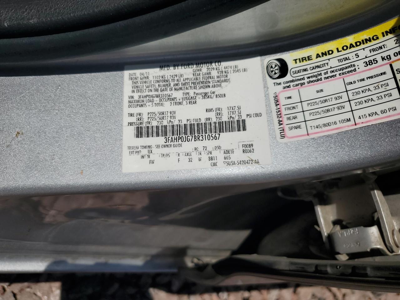 3FAHP0JG7BR310567 2011 Ford Fusion Sel