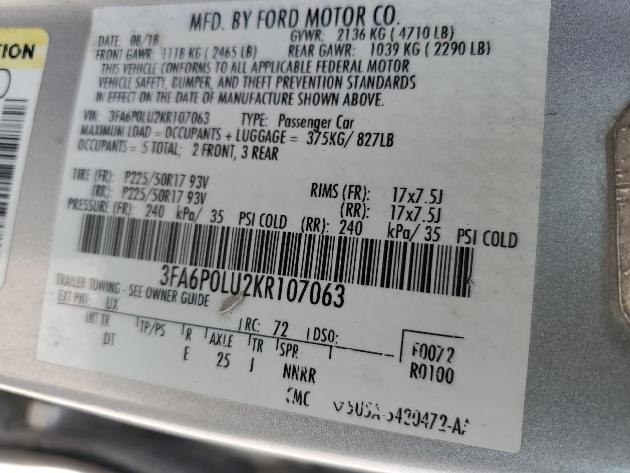 3FA6P0LU2KR107063 2019 Ford Fusion Se