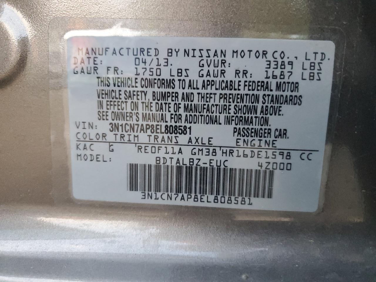 3N1CN7AP8EL808581 2014 Nissan Versa S