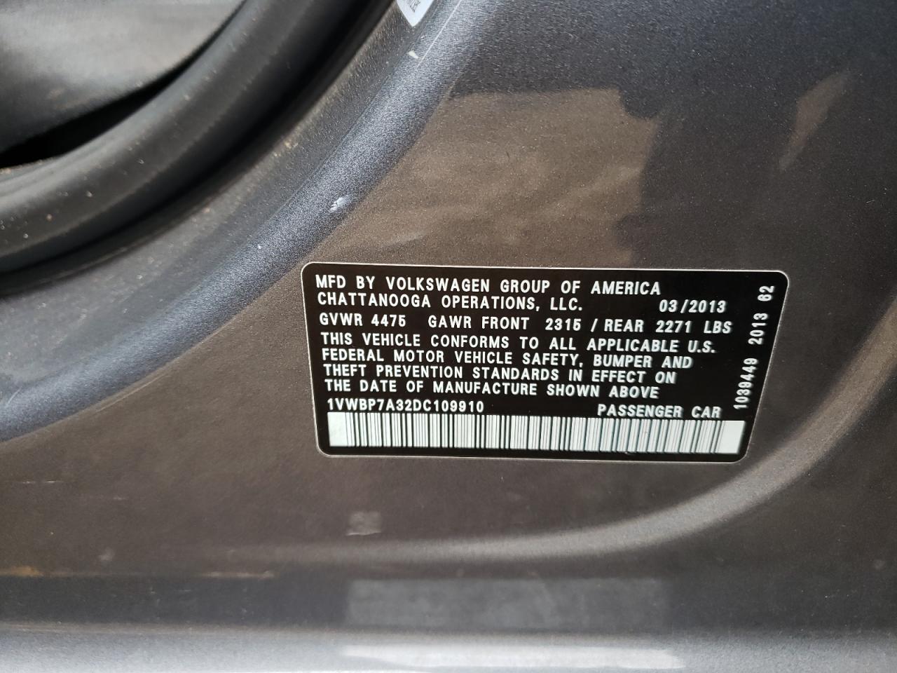 1VWBP7A32DC109910 2013 Volkswagen Passat Se