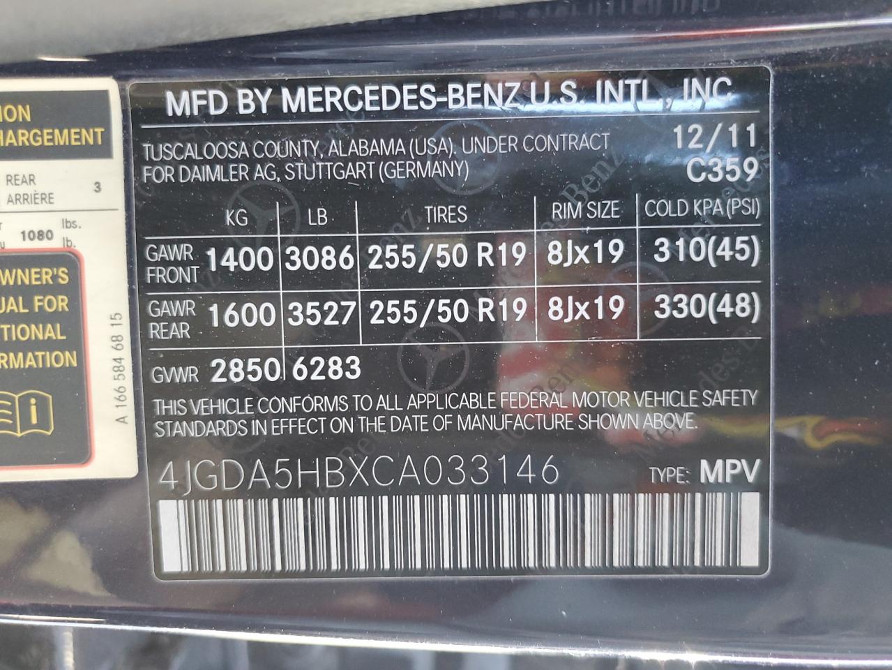 4JGDA5HBXCA033146 2012 Mercedes-Benz Ml 350 4Matic