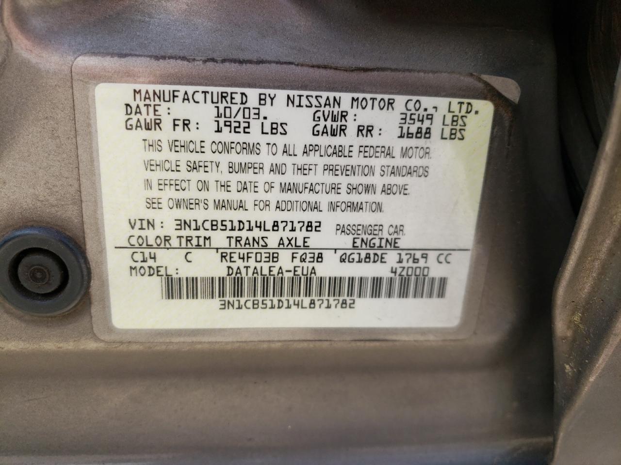 3N1CB51D14L871782 2004 Nissan Sentra 1.8