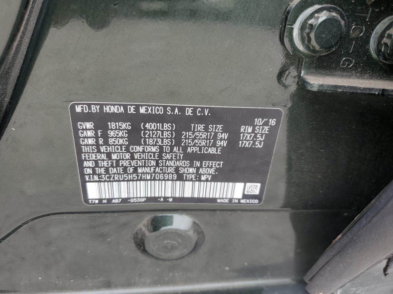 3CZRU5H57HM706989 2017 Honda Hr-V Ex