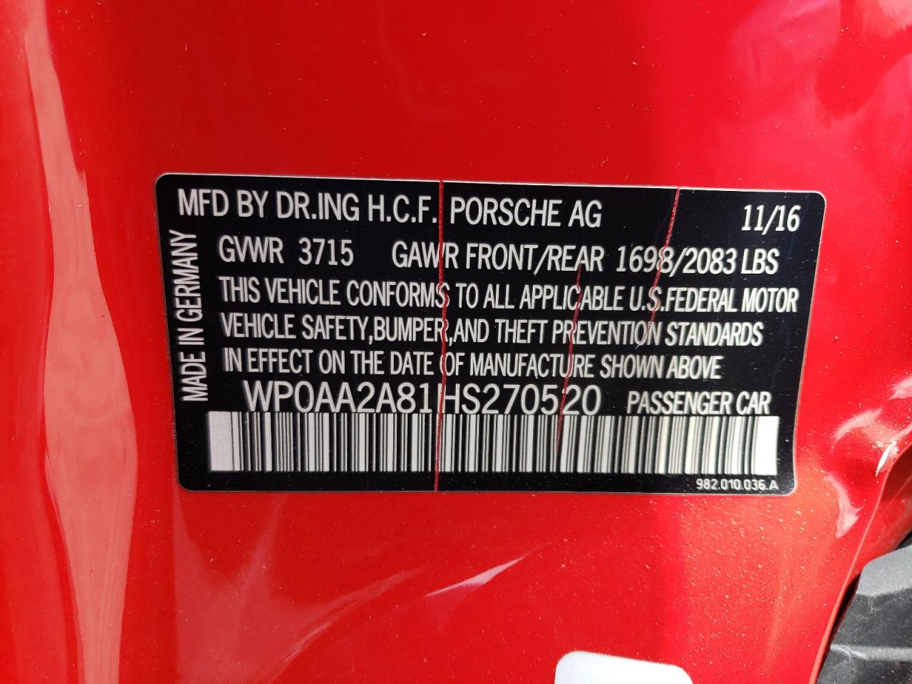 WP0AA2A81HS270520 2017 Porsche Cayman
