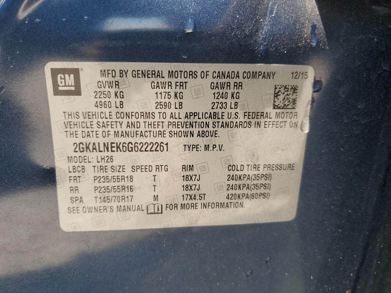 2GKALNEK6G6222261 2016 GMC Terrain Sle