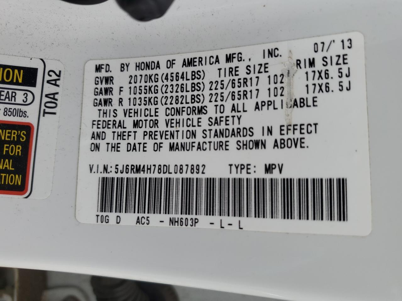 5J6RM4H78DL087892 2013 Honda Cr-V Exl