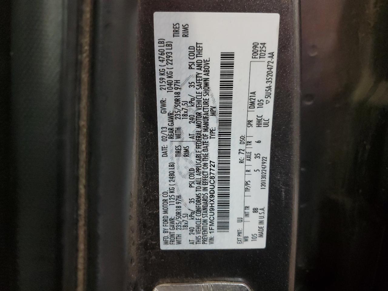 1FMCU9HX9DUC87727 2013 Ford Escape Sel