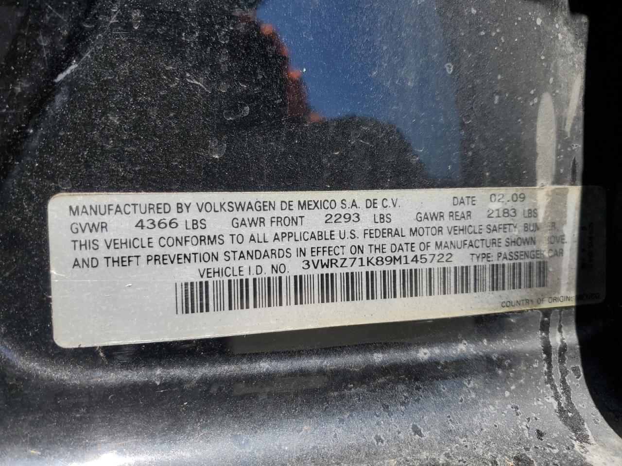 3VWRZ71K89M145722 2009 Volkswagen Jetta Se