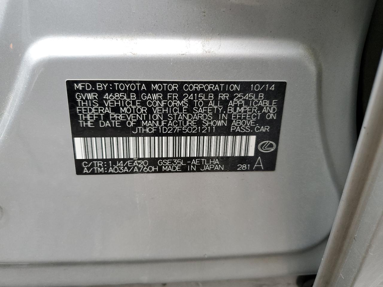 JTHCF1D27F5021211 2015 Lexus Is 250