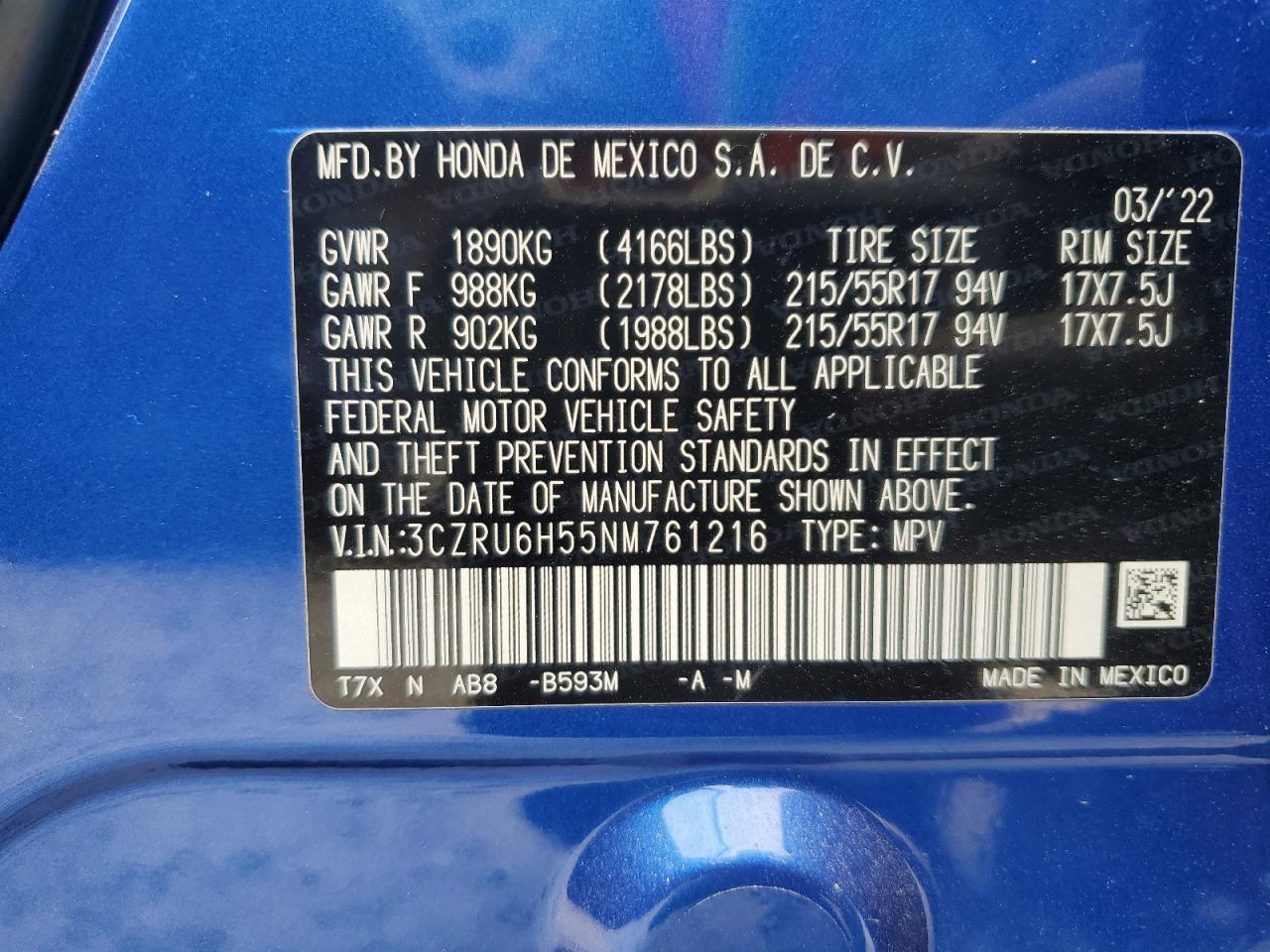 3CZRU6H55NM761216 2022 Honda Hr-V Ex