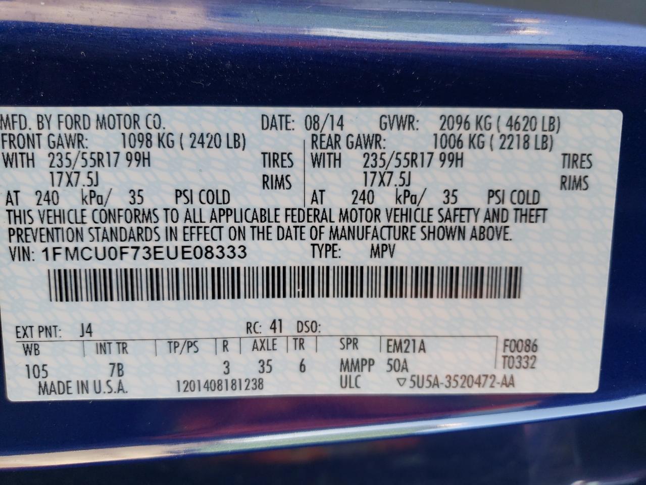 1FMCU0F73EUE08333 2014 Ford Escape S