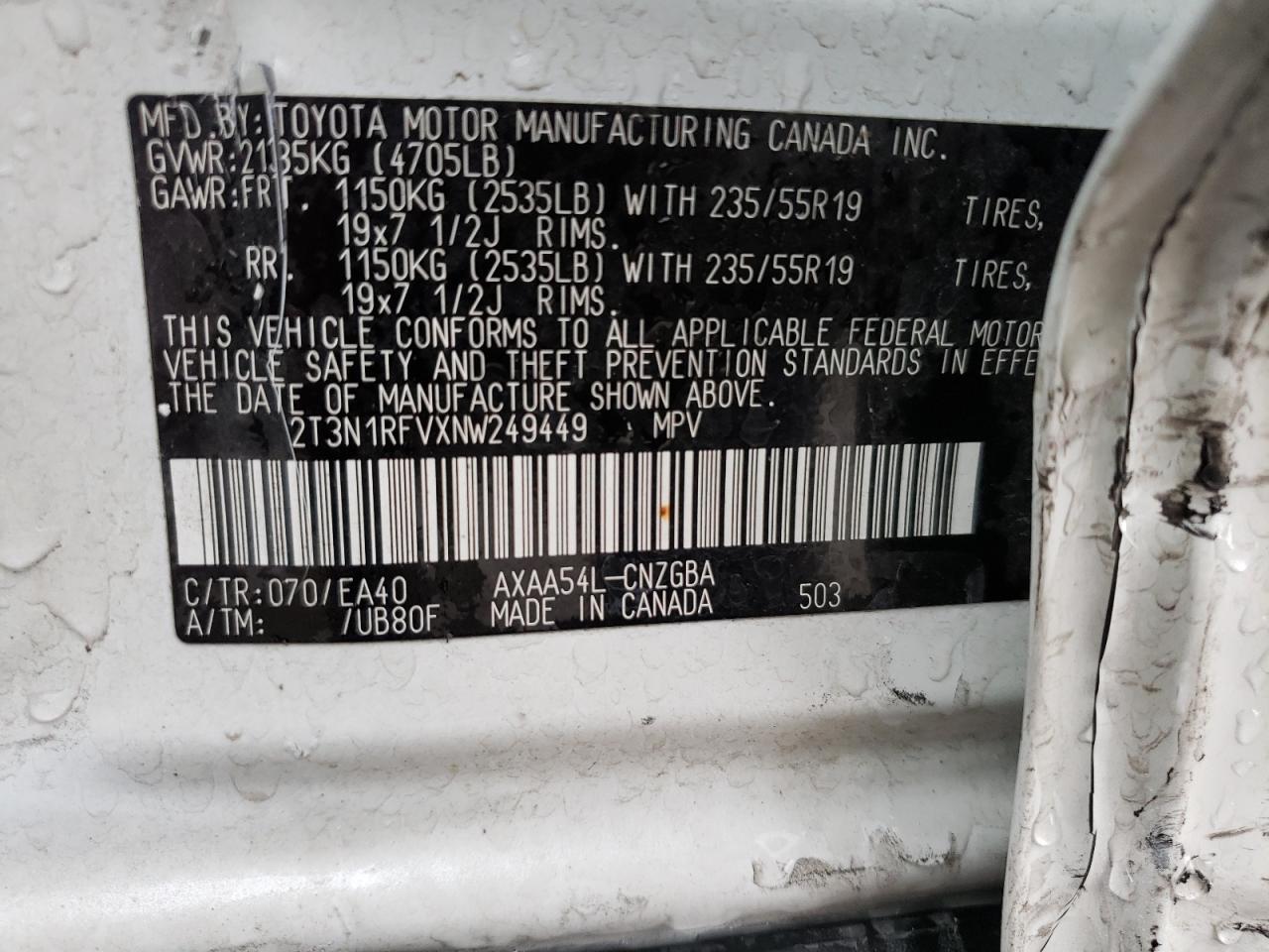 2T3N1RFVXNW249449 2022 Toyota Rav4 Limited