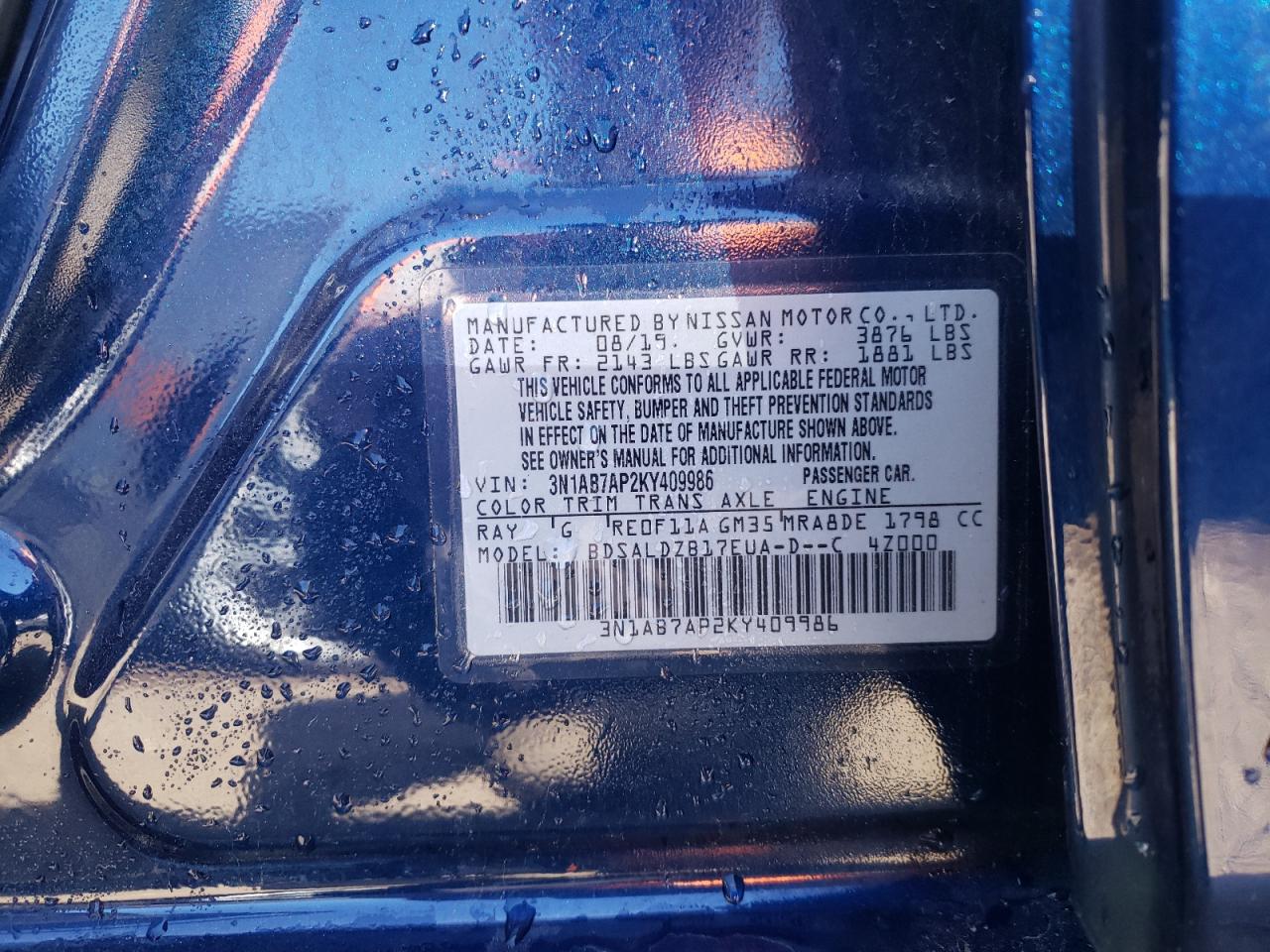 3N1AB7AP2KY409986 2019 Nissan Sentra S