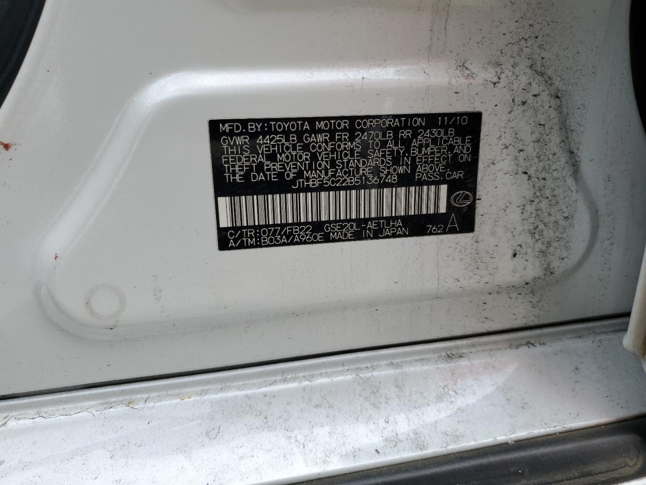 JTHBF5C22B5136748 2011 Lexus Is 250