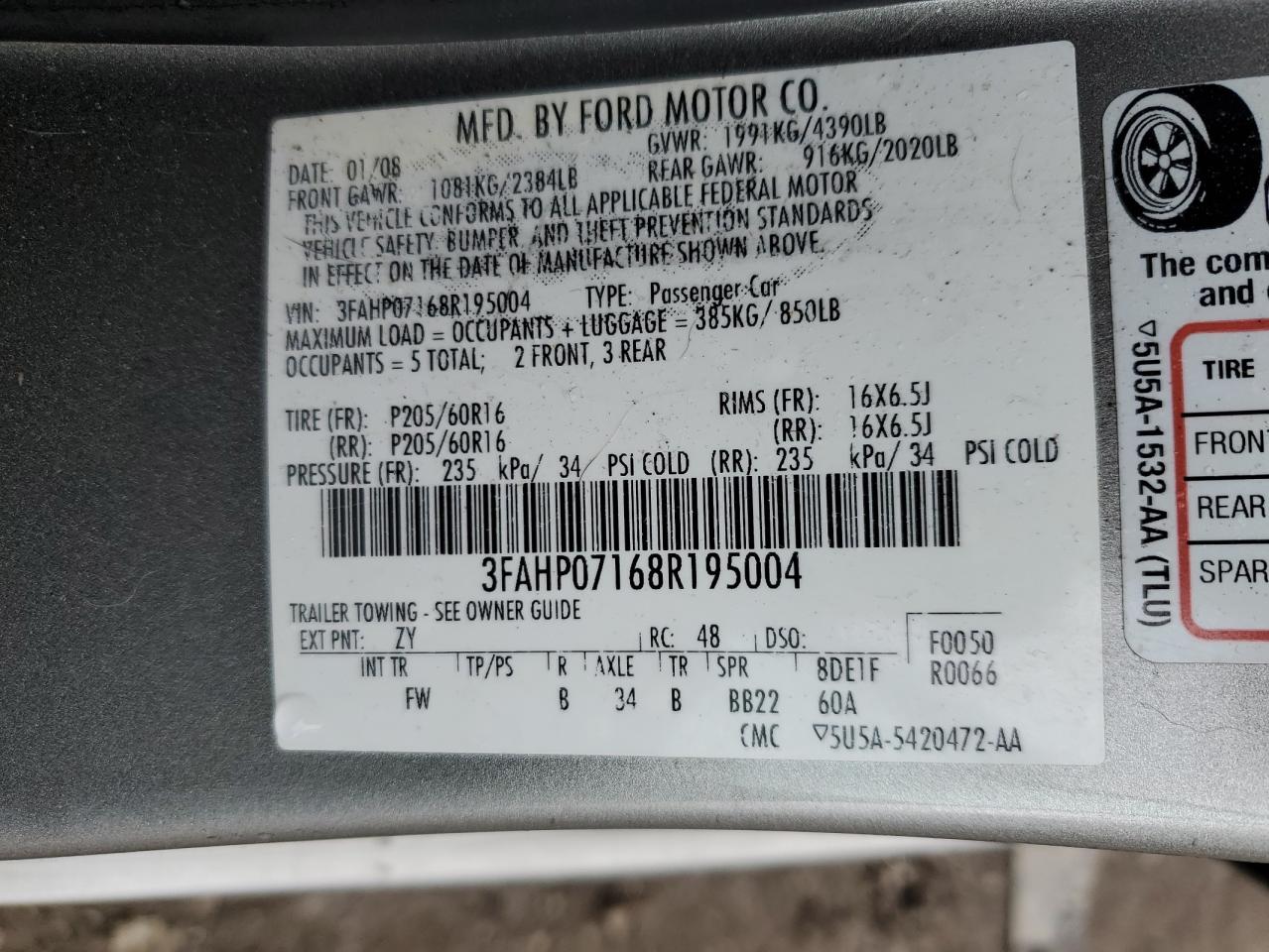 3FAHP07168R195004 2008 Ford Fusion Se