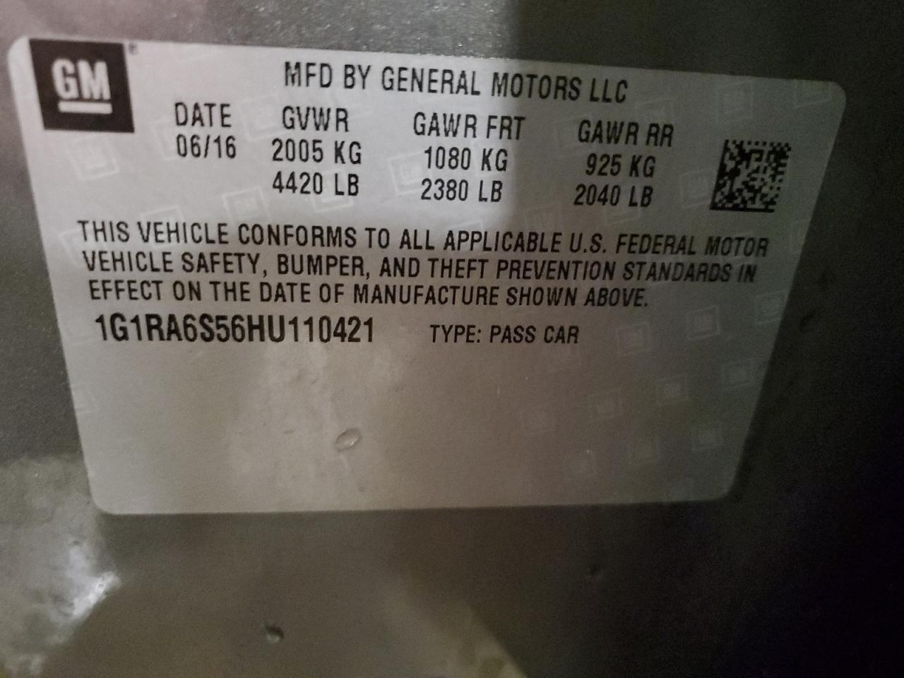 1G1RA6S56HU110421 2017 Chevrolet Volt Lt