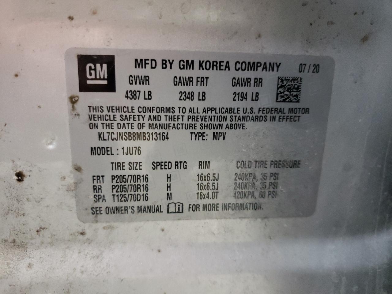 KL7CJNSB8MB313164 2021 Chevrolet Trax Ls