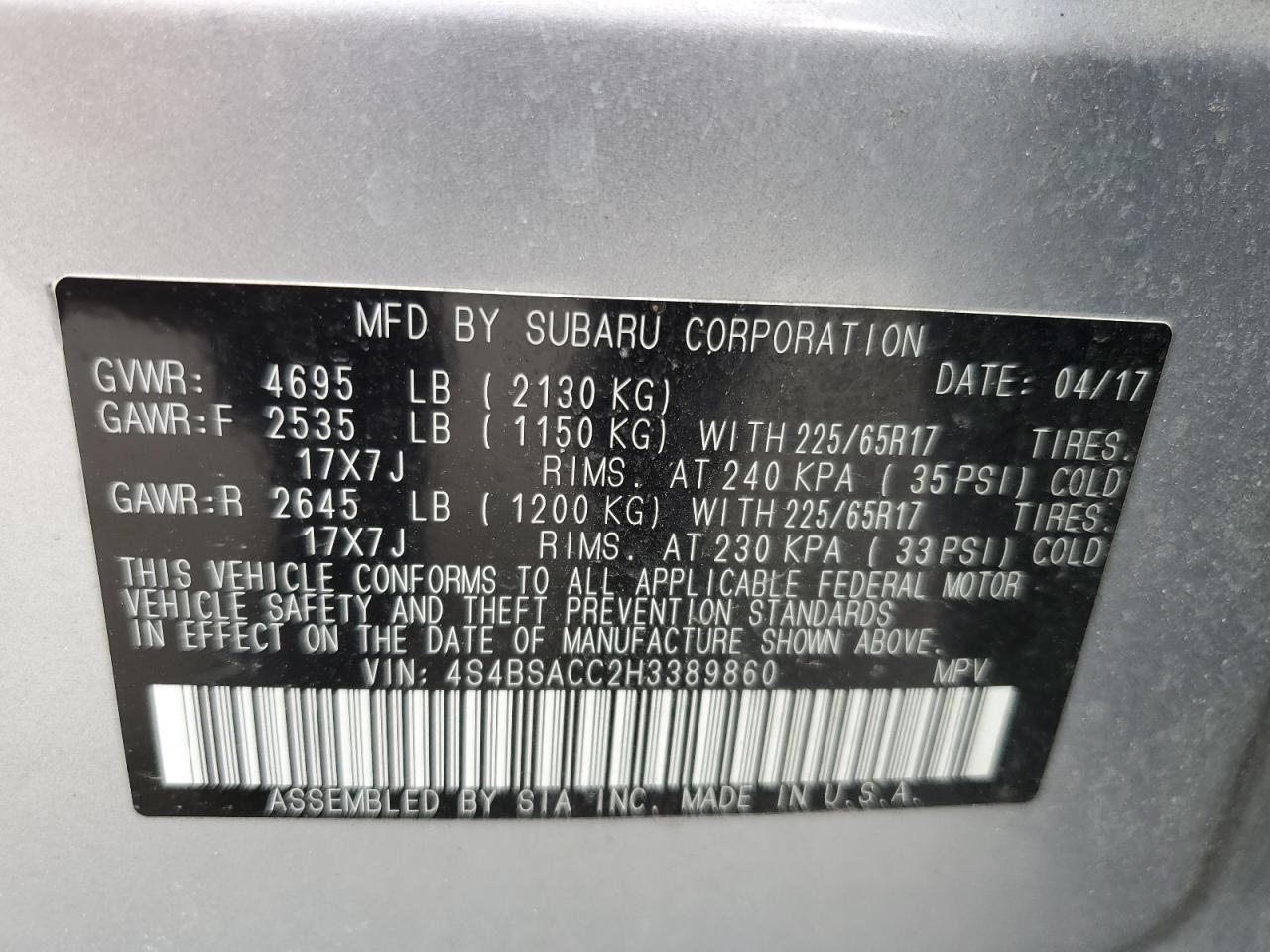 4S4BSACC2H3389860 2017 Subaru Outback 2.5I Premium