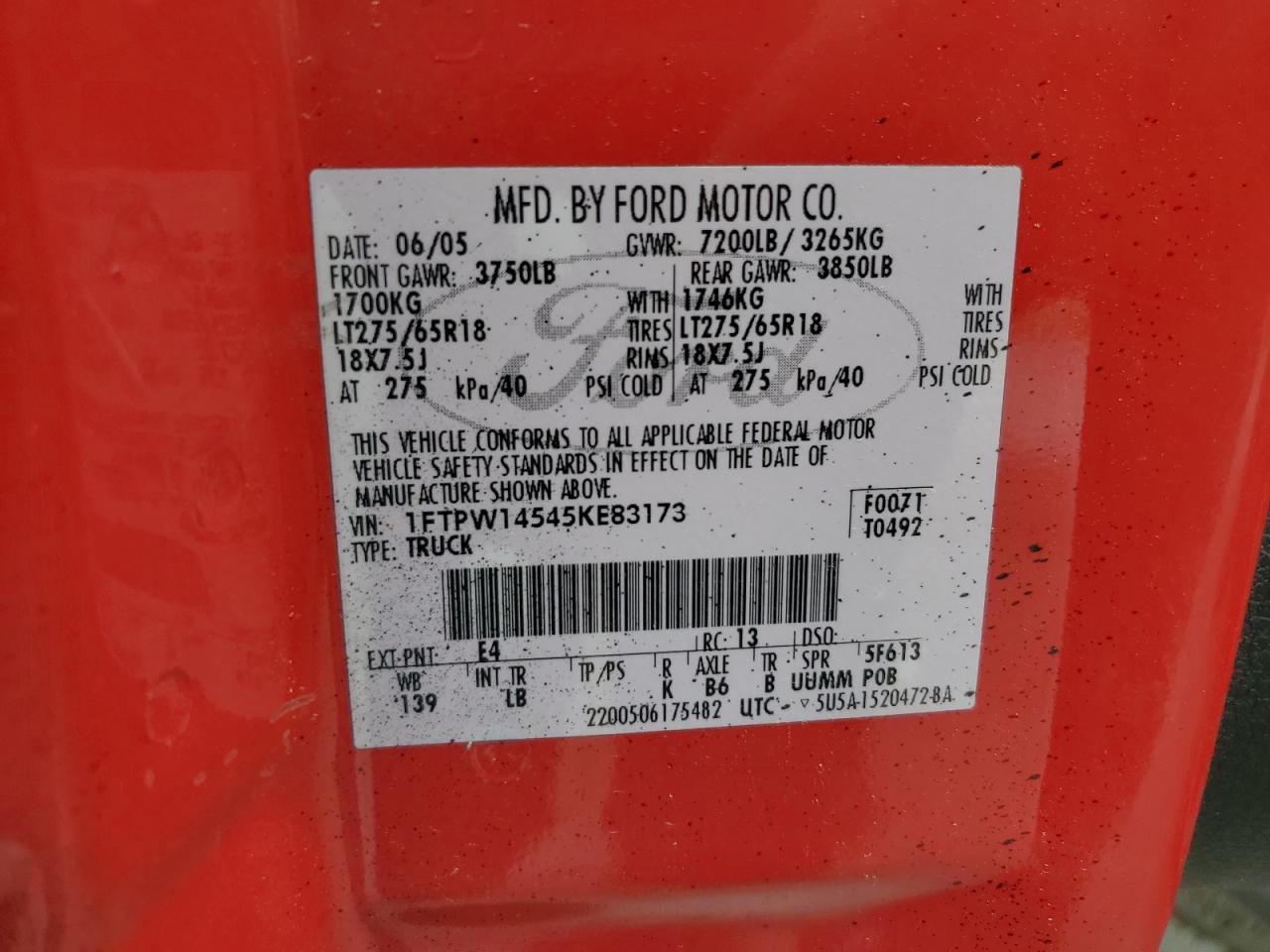 1FTPW14545KE83173 2005 Ford F150 Supercrew