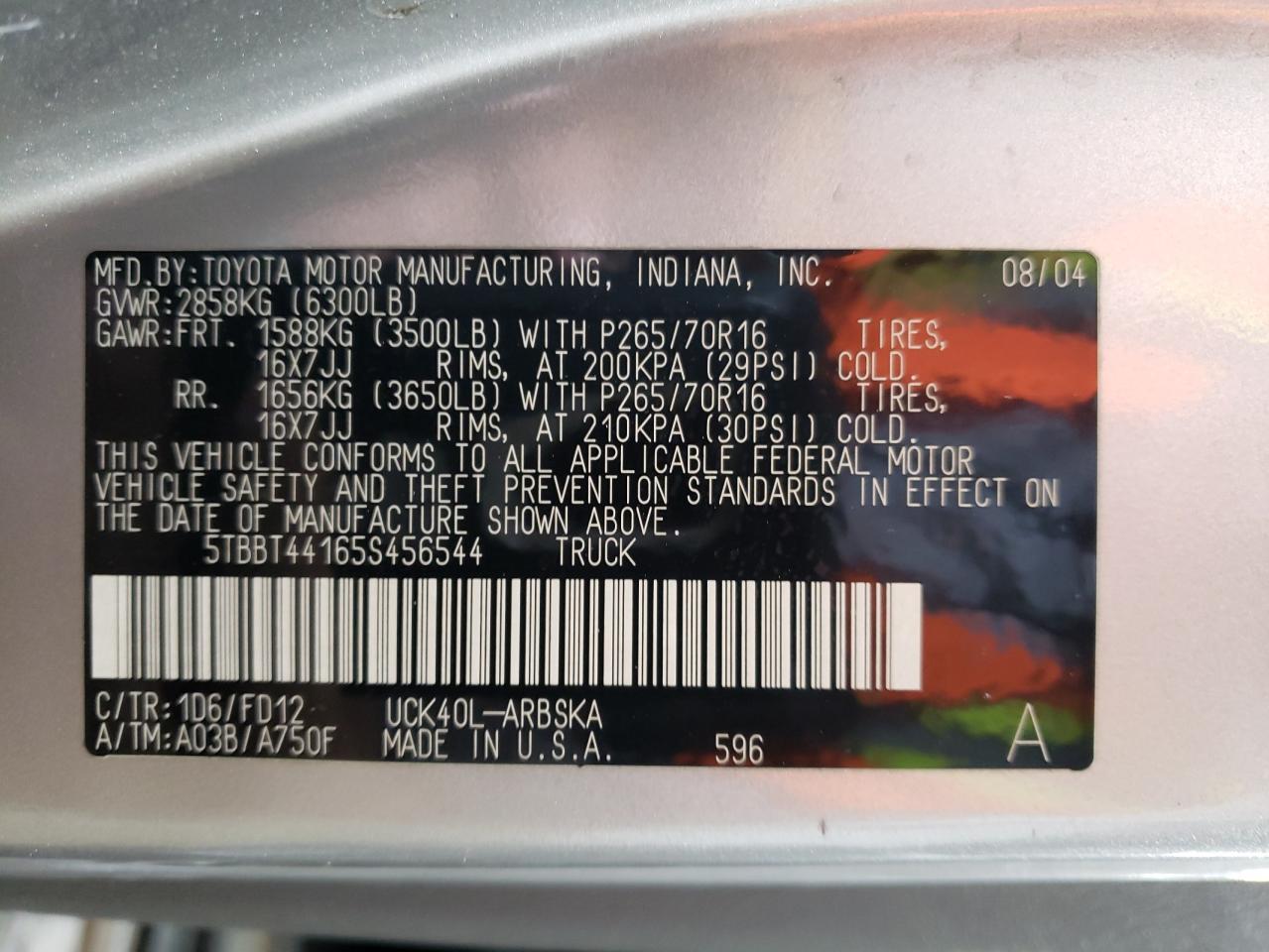 5TBBT44165S456544 2005 Toyota Tundra Access Cab Sr5