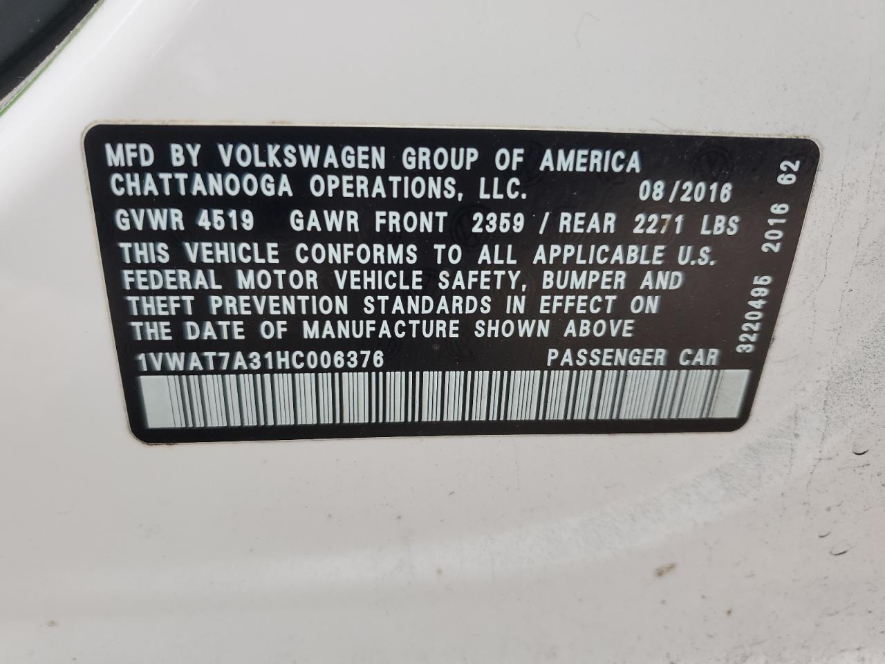 1VWAT7A31HC006376 2017 Volkswagen Passat S