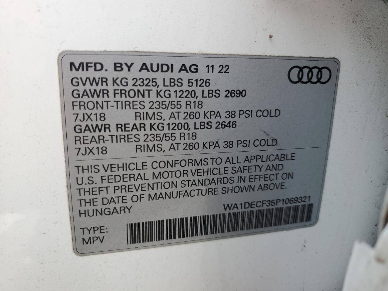 2023 Audi Q3 Premium 2.0L(VIN: WA1DECF35P1069321