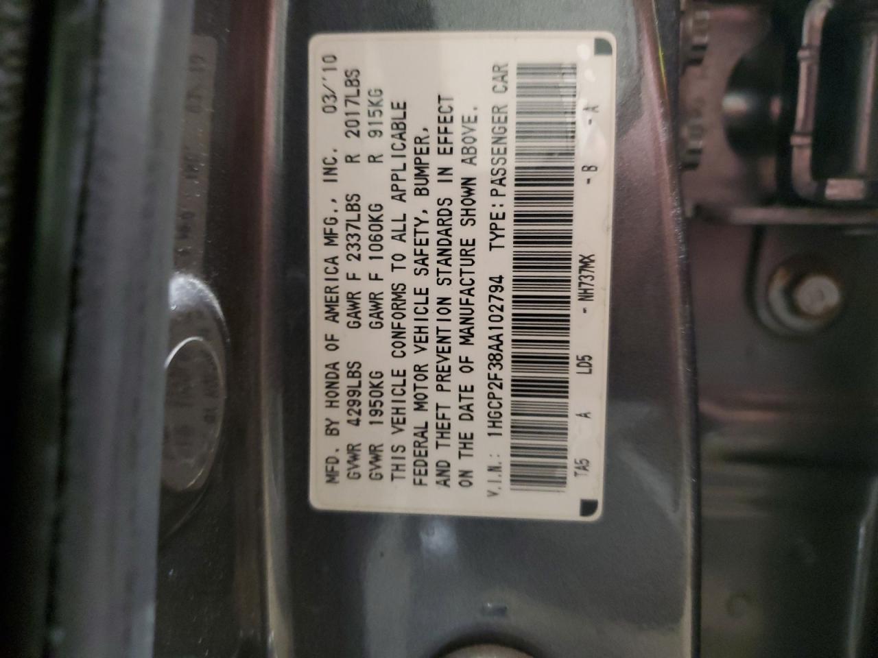 1HGCP2F38AA102794 2010 Honda Accord Lx