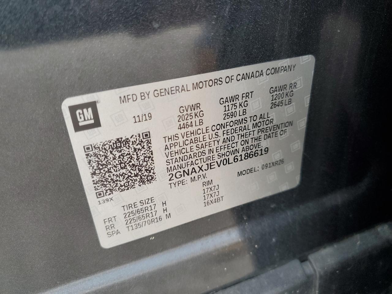 2GNAXJEV0L6186619 2020 Chevrolet Equinox Lt