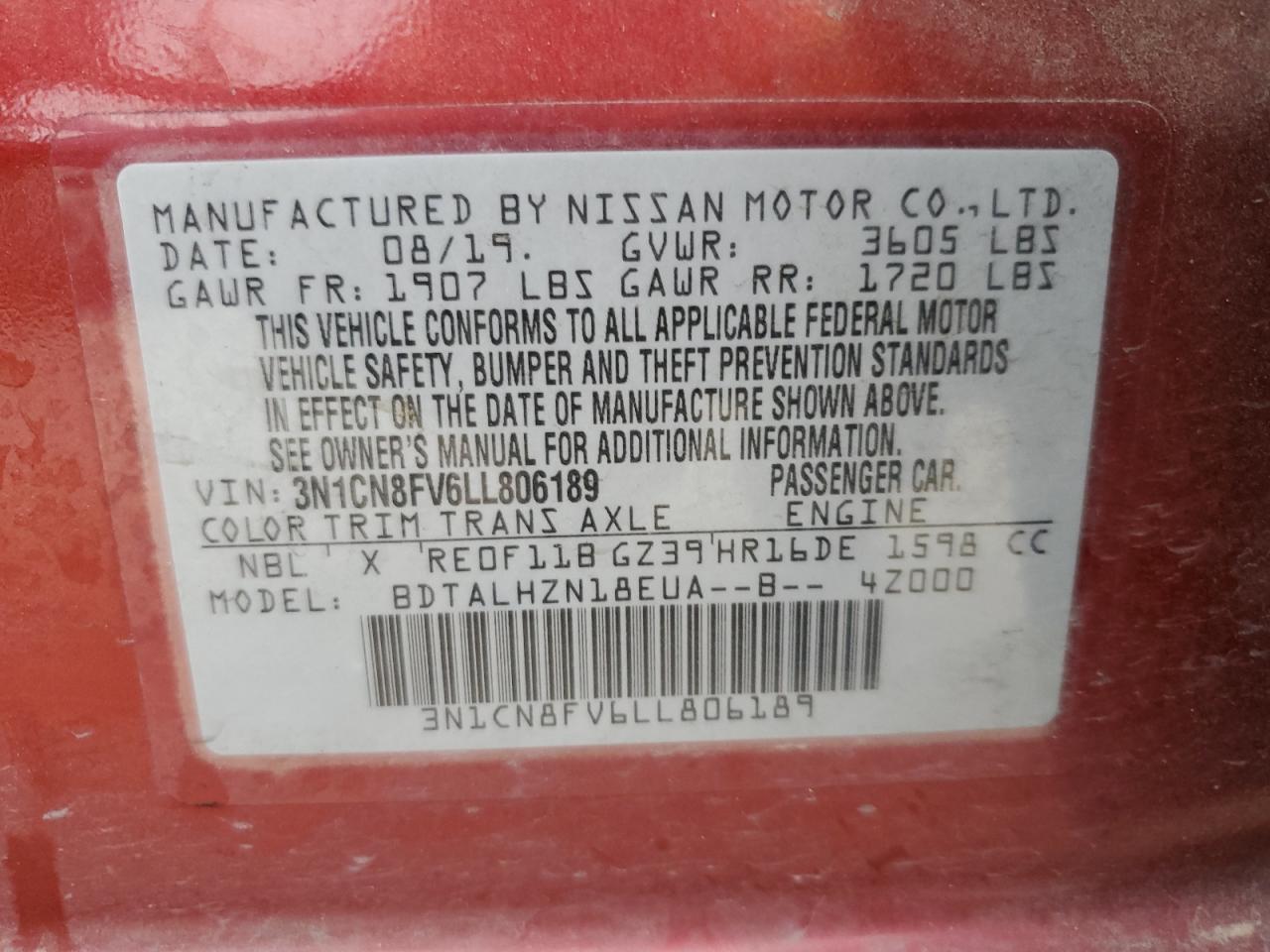 3N1CN8FV6LL806189 2020 Nissan Versa Sr