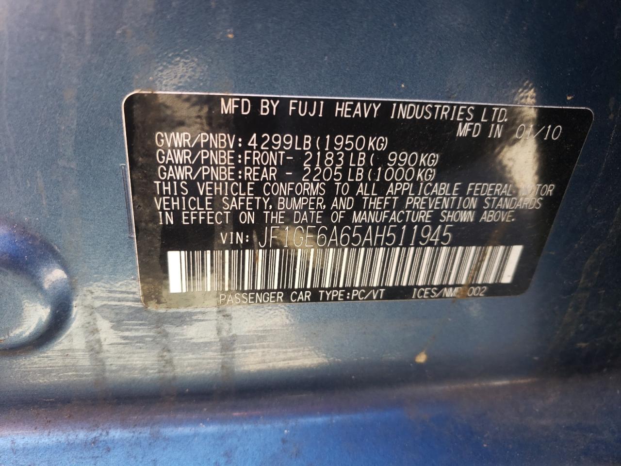 JF1GE6A65AH511945 2010 Subaru Impreza 2.5I