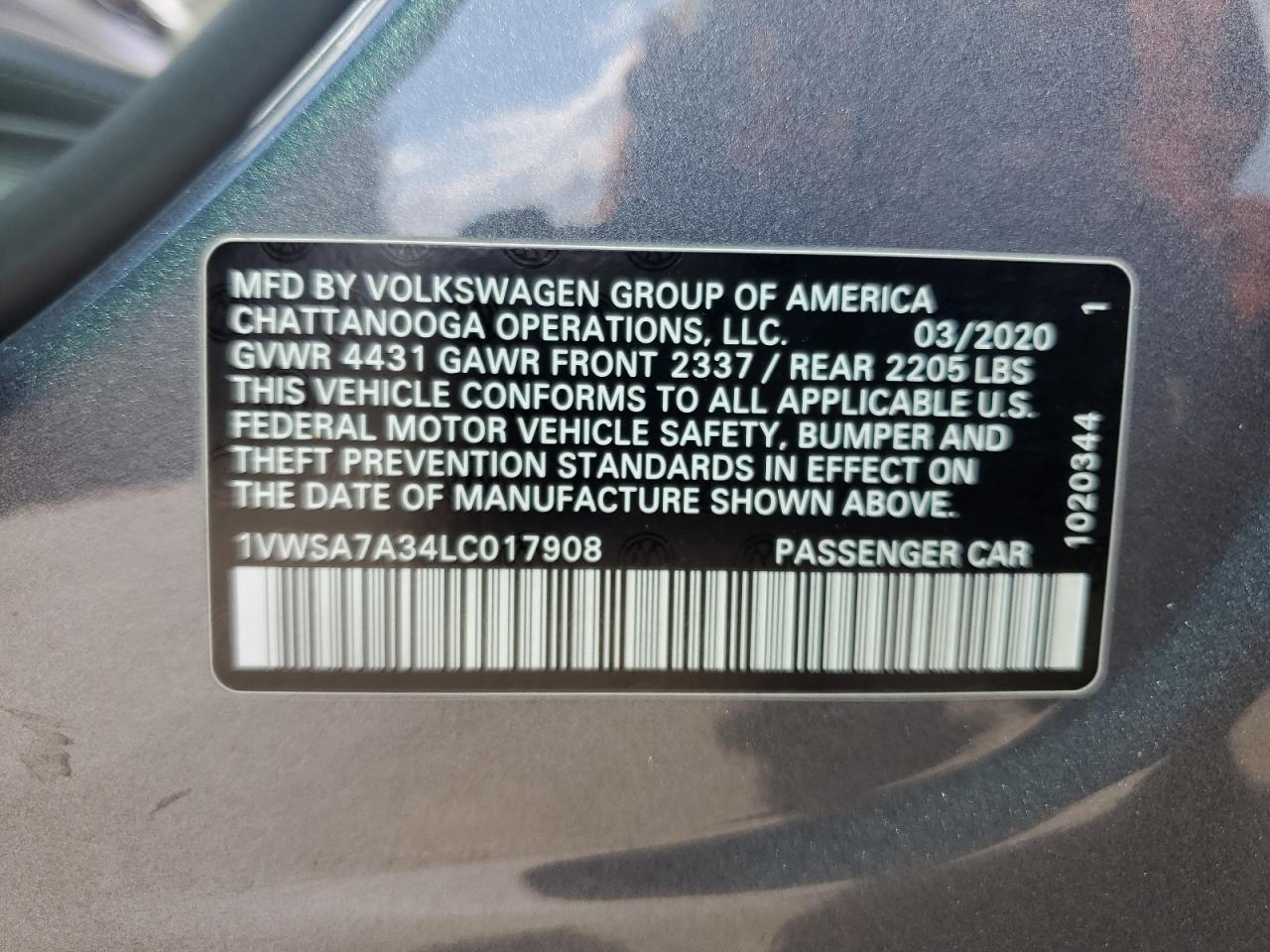 1VWSA7A34LC017908 2020 Volkswagen Passat Se