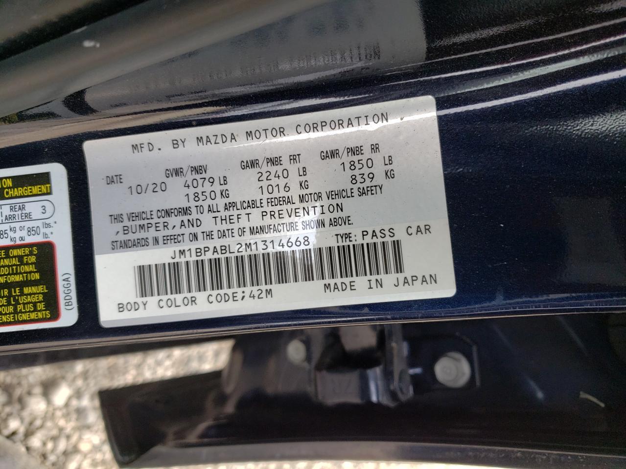 JM1BPABL2M1314668 2021 Mazda 3 Select