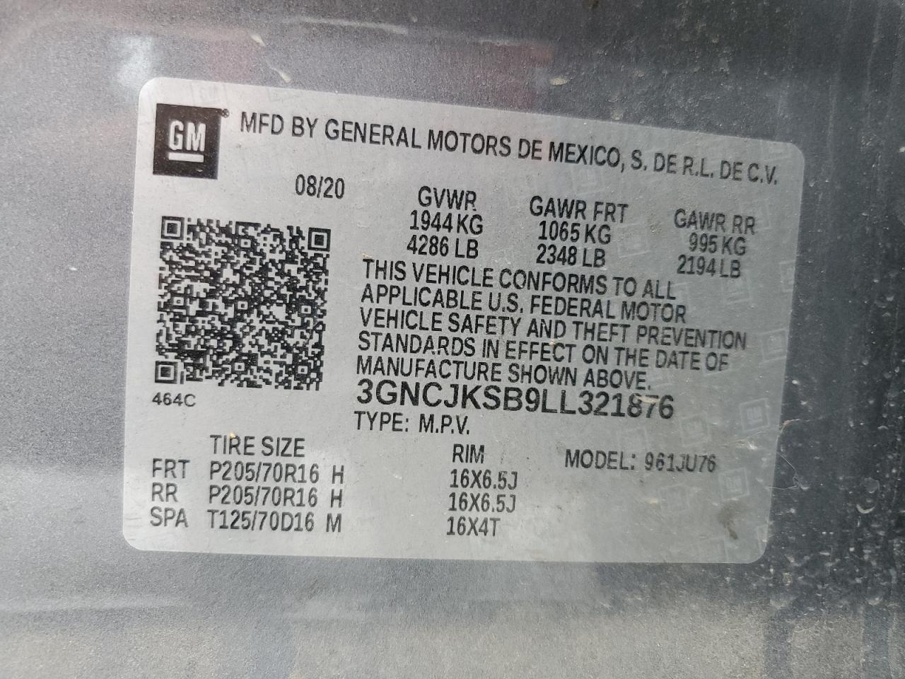 3GNCJKSB9LL321876 2020 Chevrolet Trax Ls