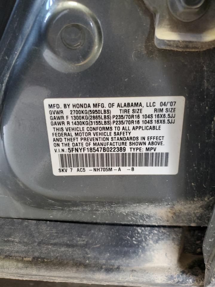 5FNYF18547B022389 2007 Honda Pilot Exl