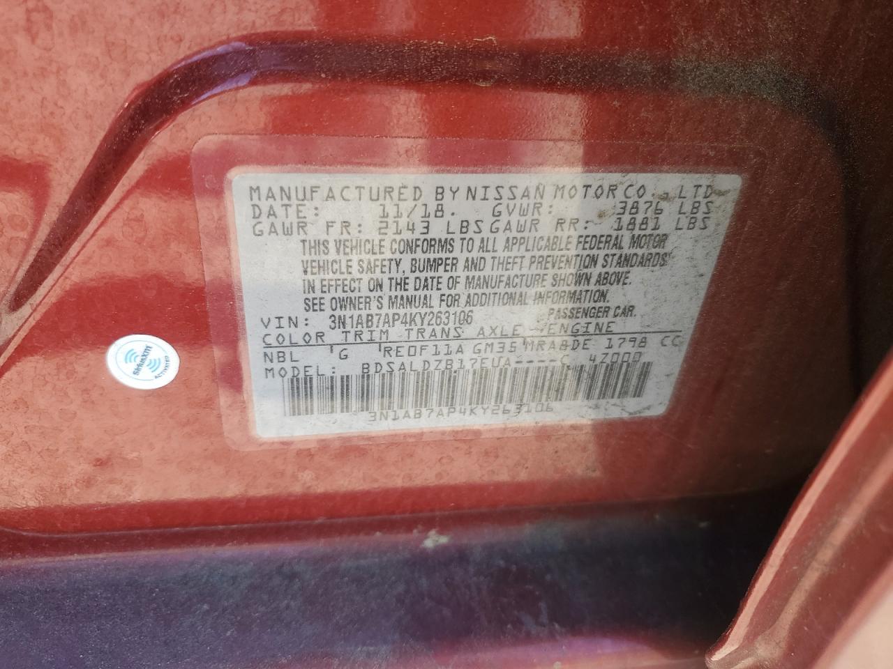 3N1AB7AP4KY263106 2019 Nissan Sentra S