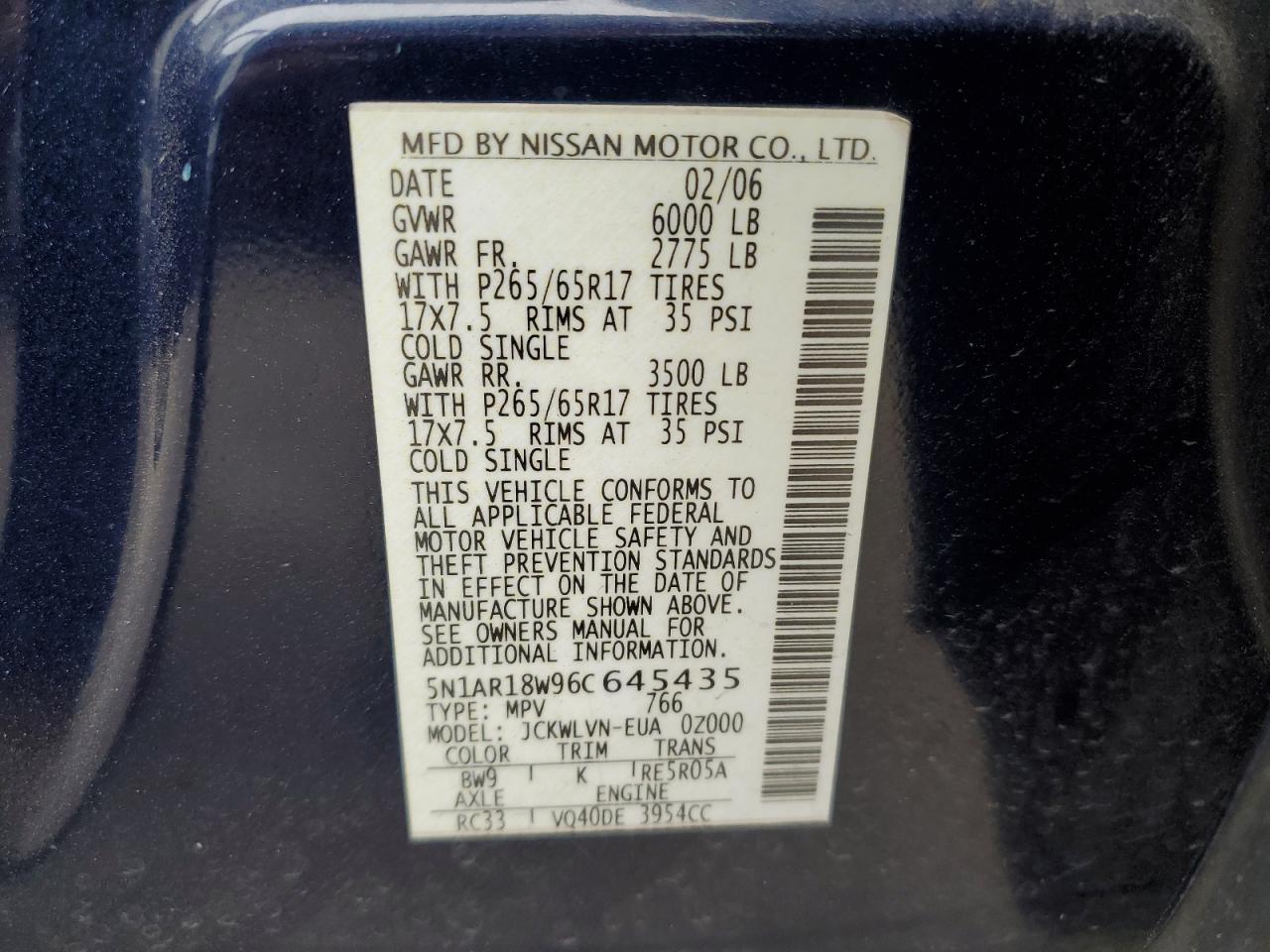 5N1AR18W96C645435 2006 Nissan Pathfinder Le