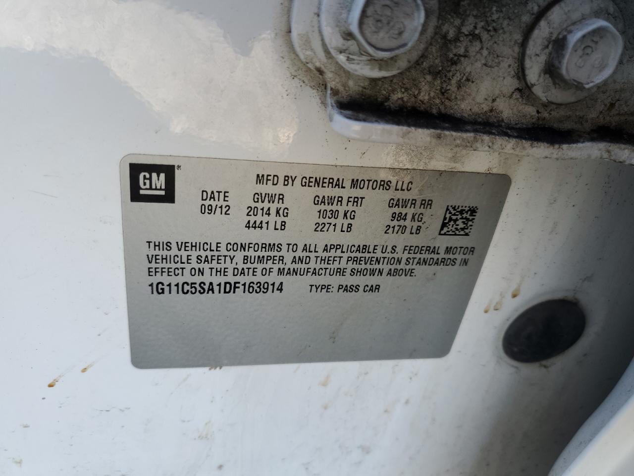 1G11C5SA1DF163914 2013 Chevrolet Malibu 1Lt