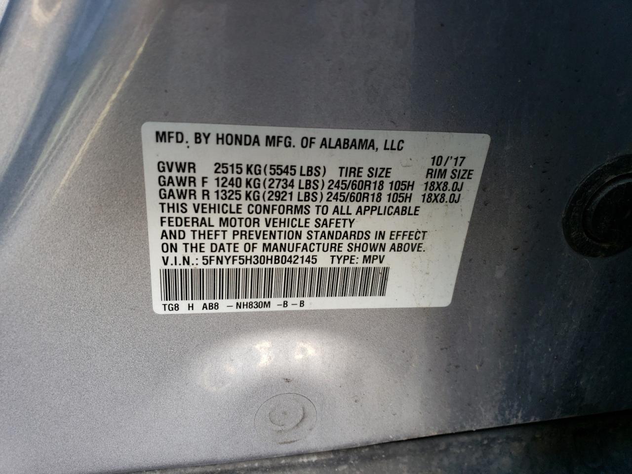 5FNYF5H30HB042145 2017 Honda Pilot Ex