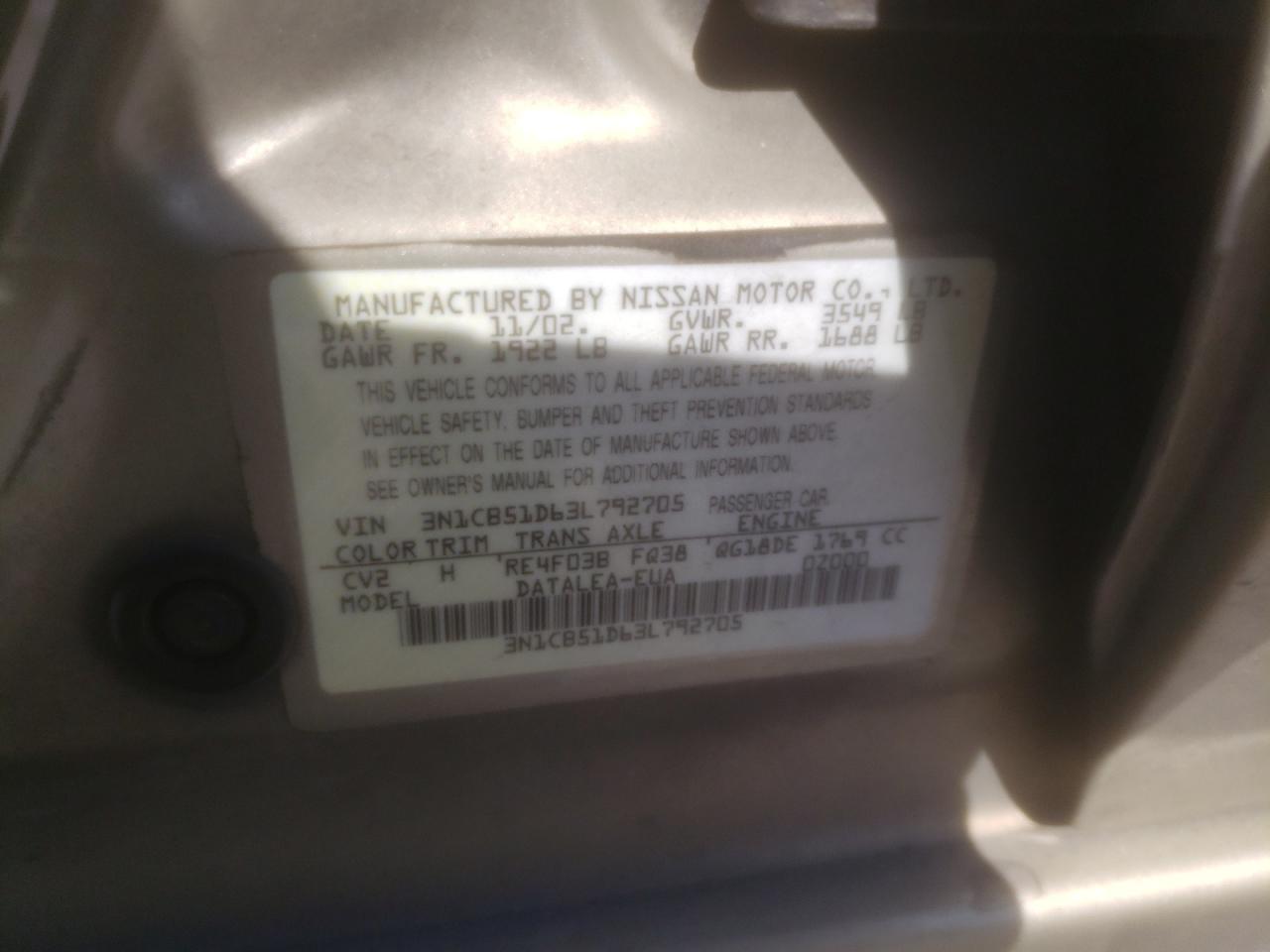 3N1CB51D63L792705 2003 Nissan Sentra Xe