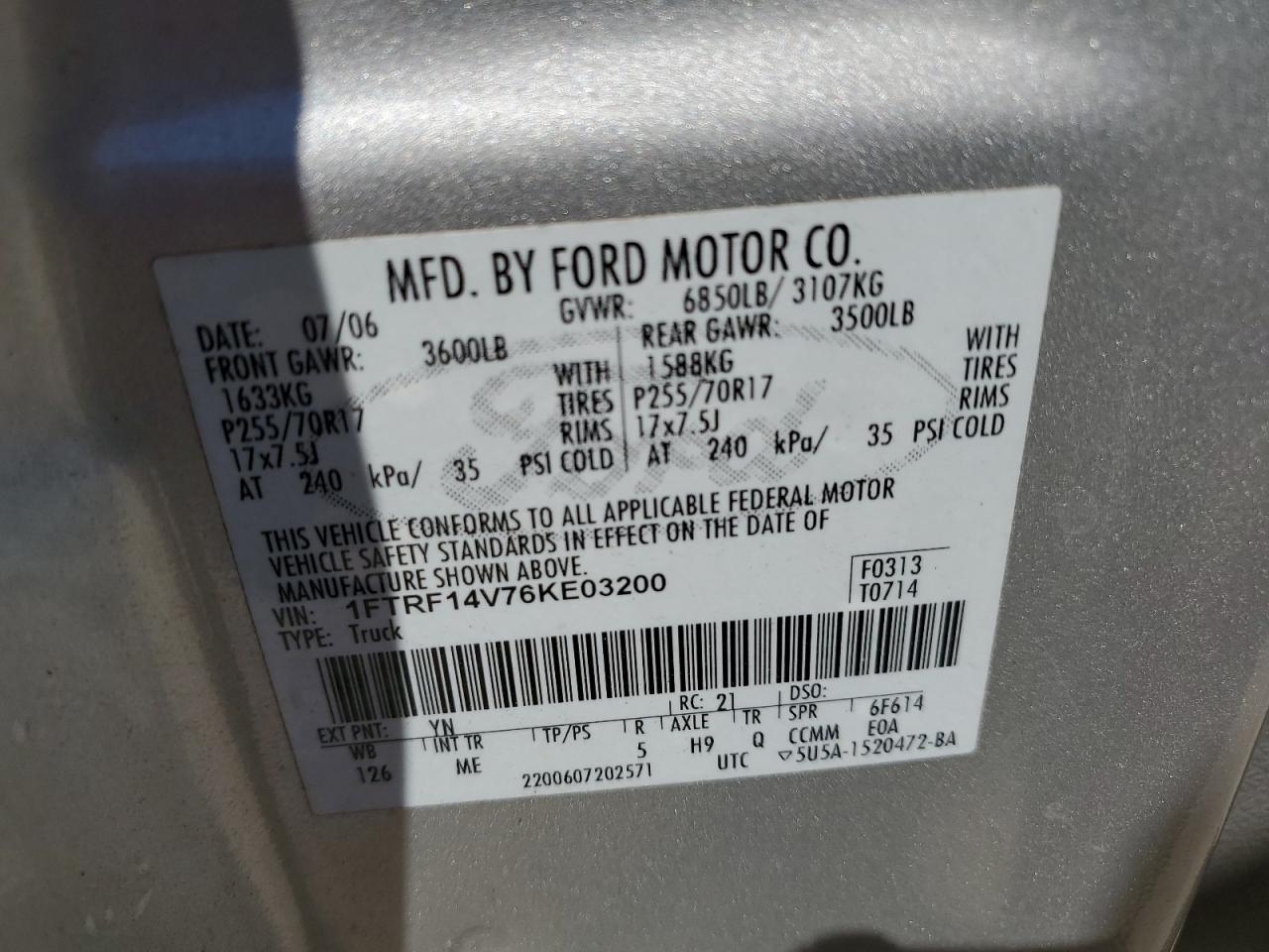 1FTRF14V76KE03200 2006 Ford F150