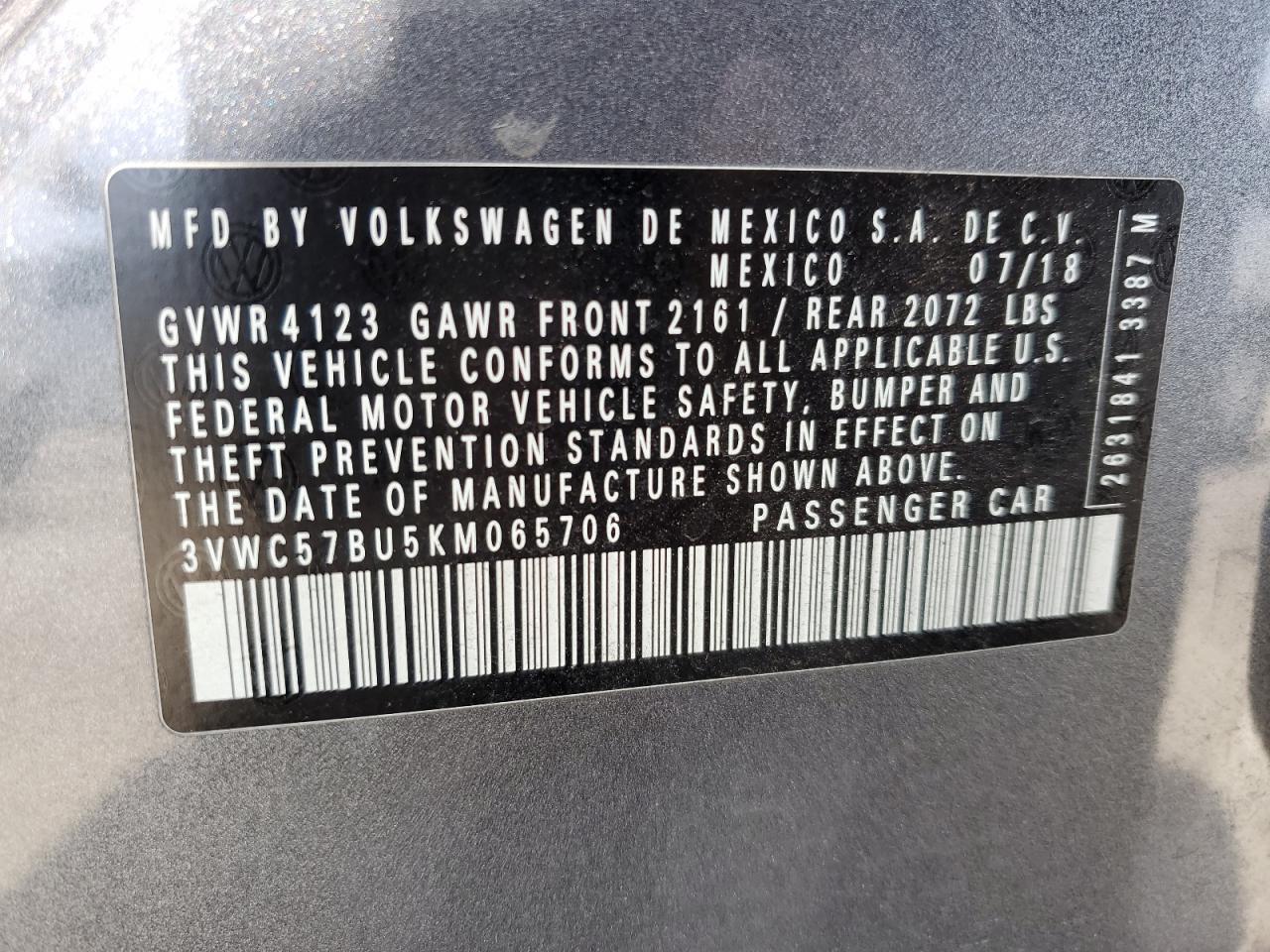 2019 Volkswagen Jetta S vin: 3VWC57BU5KM065706