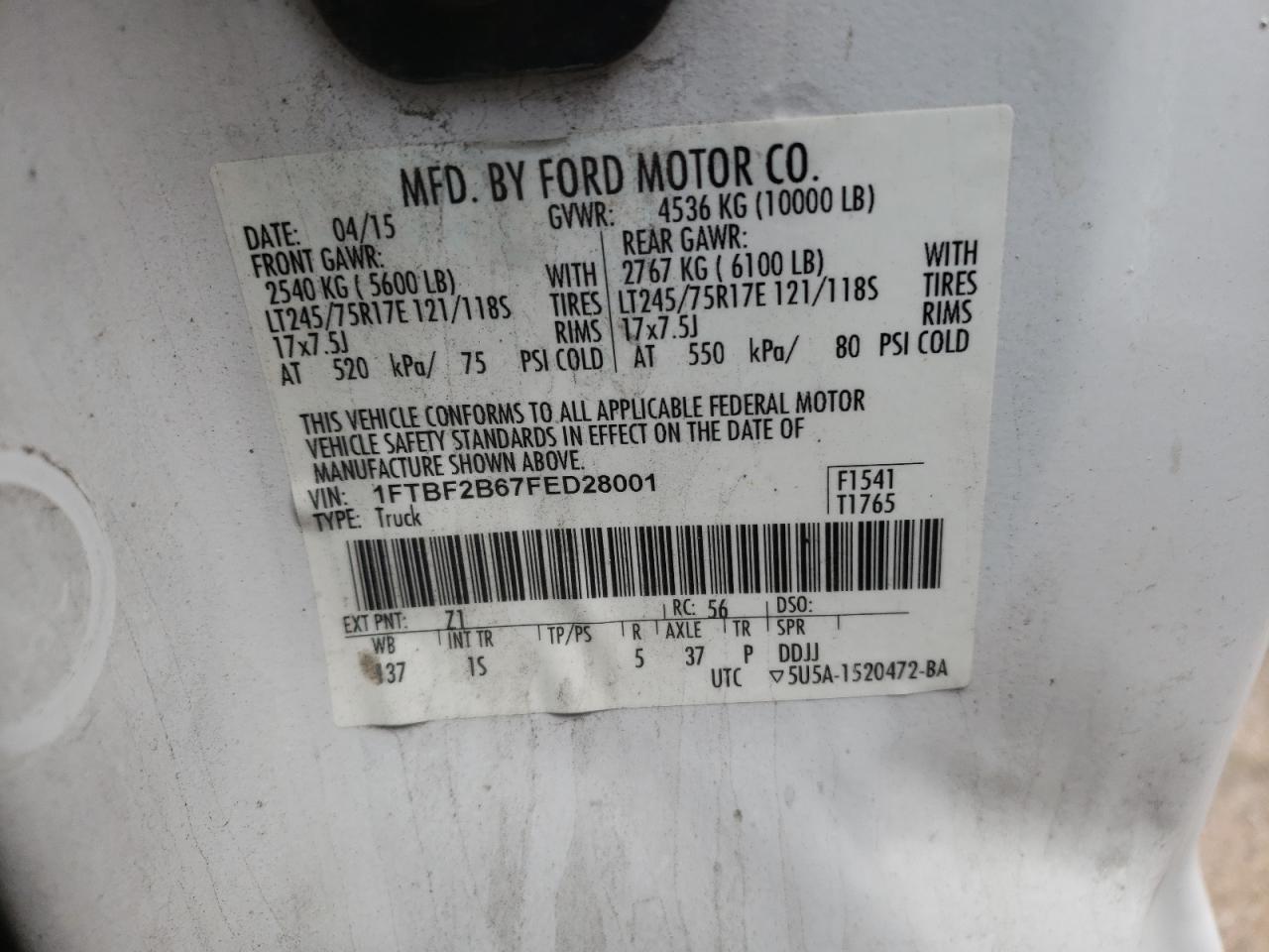 1FTBF2B67FED28001 2015 Ford F250 Super Duty