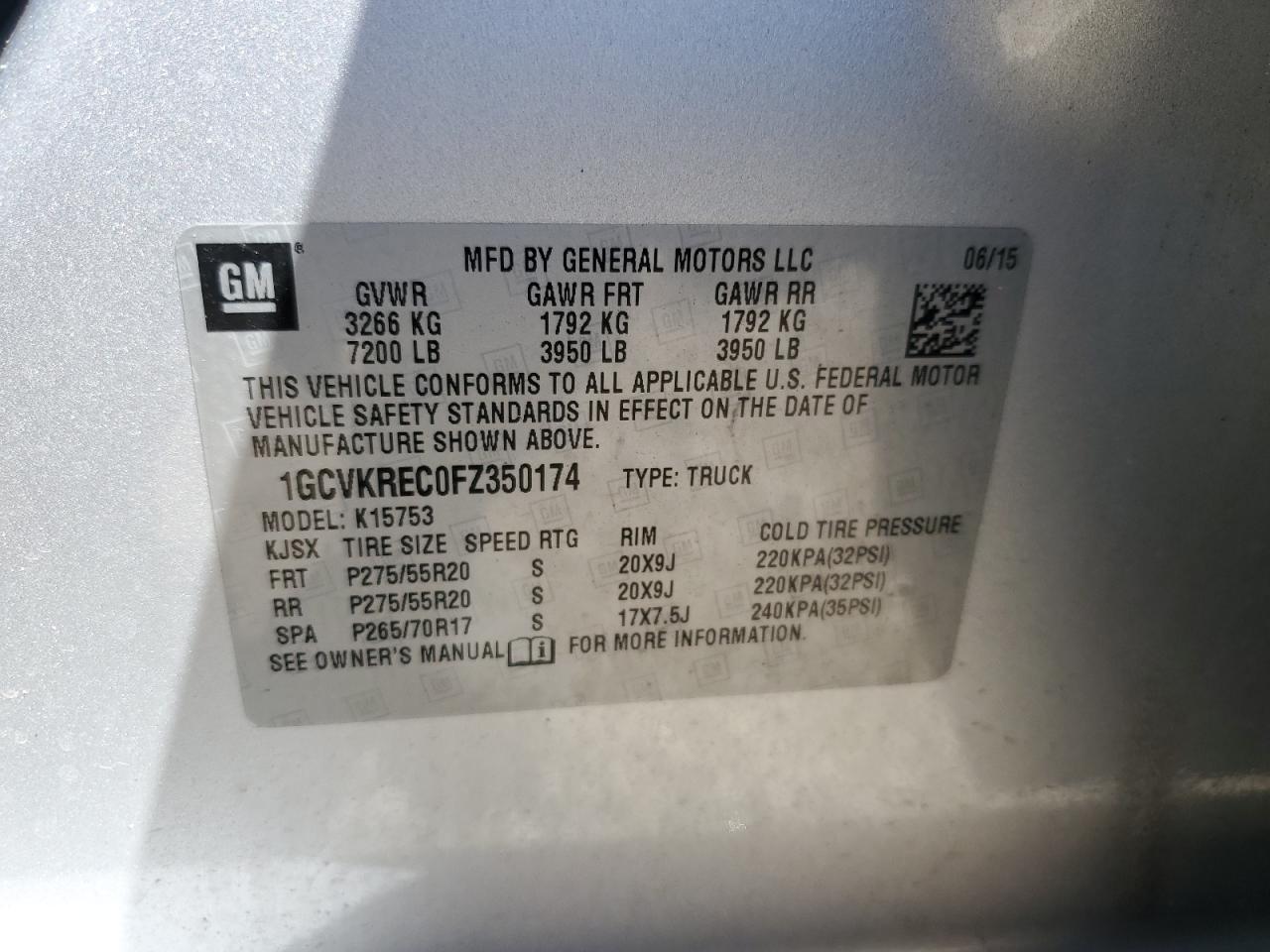 1GCVKREC0FZ350174 2015 Chevrolet Silverado K1500 Lt