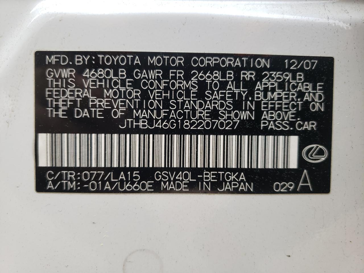 JTHBJ46G182207027 2008 Lexus Es 350