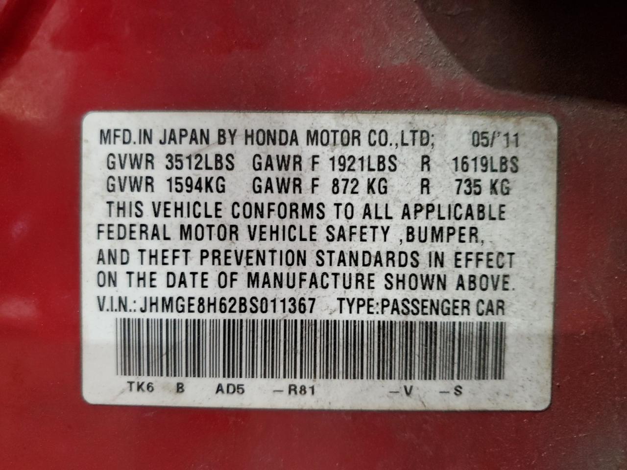 JHMGE8H62BS011367 2011 Honda Fit Sport