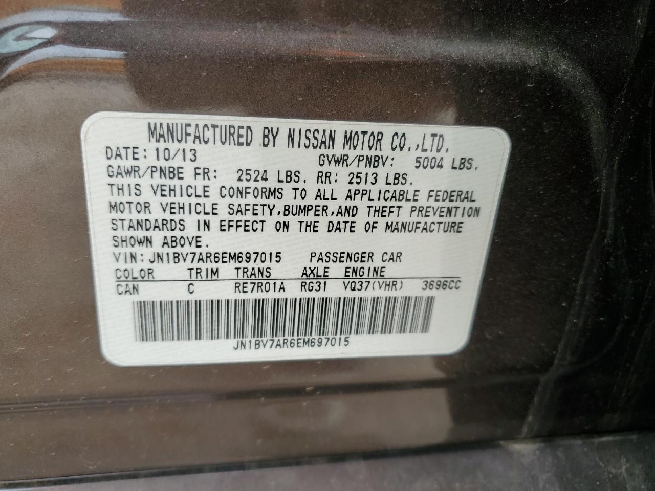 JN1BV7AR6EM697015 2014 Infiniti Q50 Base