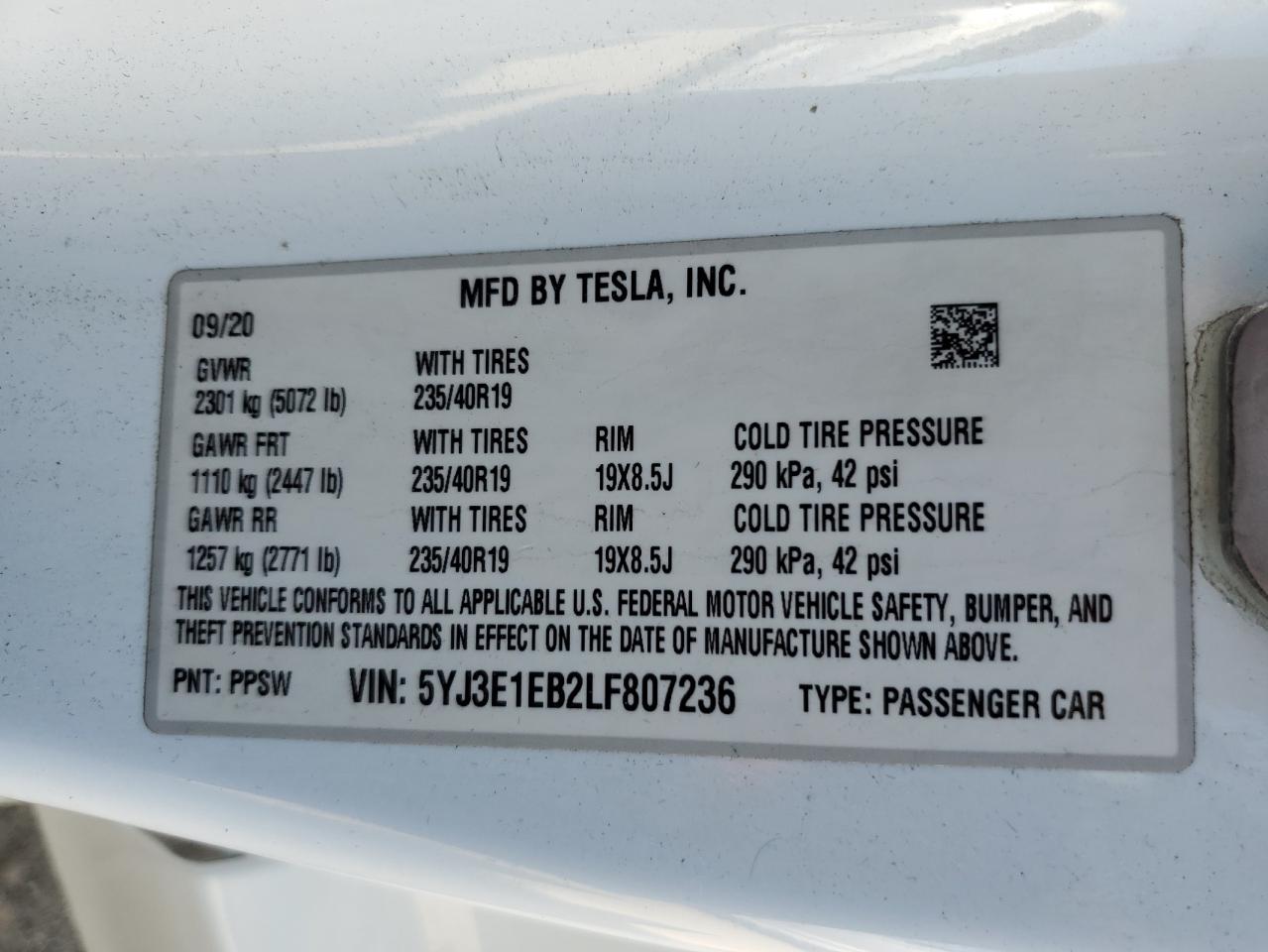 5YJ3E1EB2LF807236 2020 Tesla Model 3