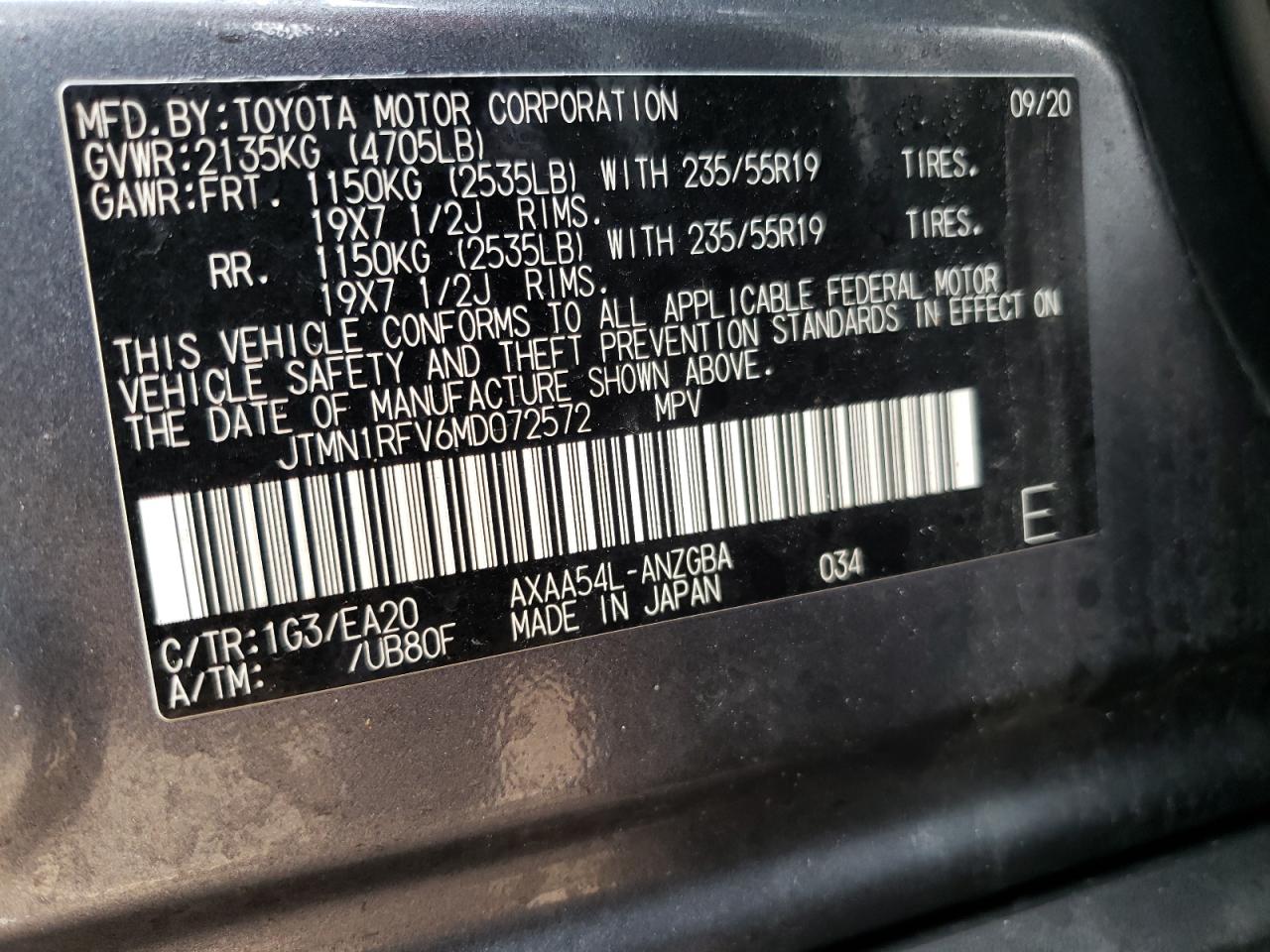 JTMN1RFV6MD072572 2021 Toyota Rav4 Limited