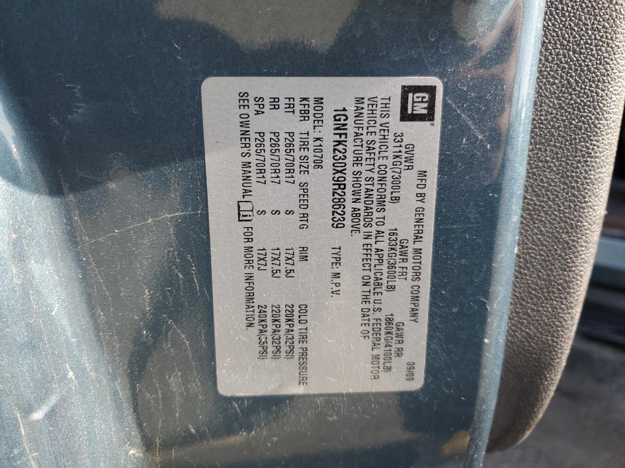 1GNFK230X9R286239 2009 Chevrolet Tahoe K1500 Lt