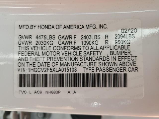 2020 Honda Accord Exl VIN: 1HGCV2F5XLA015103 Lot: 40773274